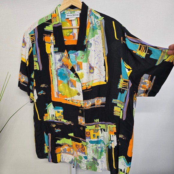 Vintage Sharon Anthony Abstract Art Print Button Down Rayon Plus Size Top 22‎ - Picture 4 of 11